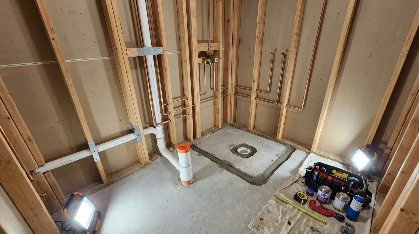 Bathroom rough-in plumbing during remodel by Johns Plumbing LLC in Trabuco Canyon