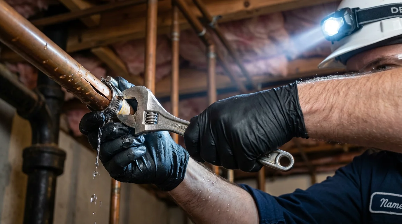 Emergency pipe clamp repair being performed by a Johns Plumbing LLC plumber in Trabuco Canyon