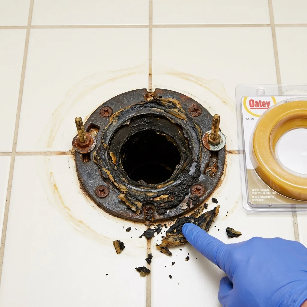 Failed wax ring showing water seepage at the base of a toilet in a Trabuco Canyon, CA home