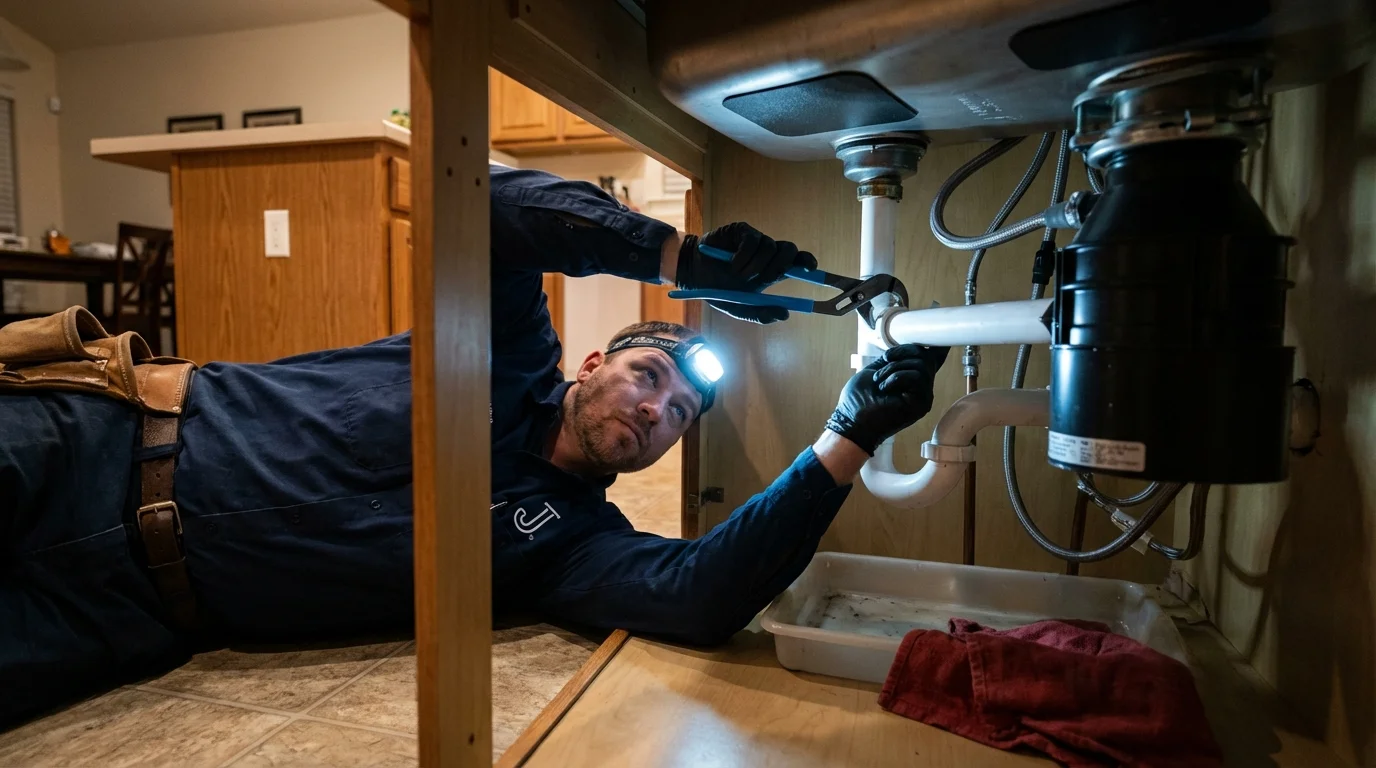 P-trap and supply line connections under a kitchen sink showing a common leak point in Trabuco Canyon, CA